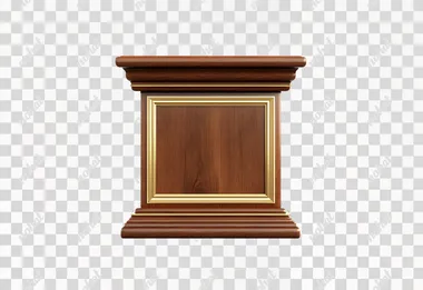 lecturn, warm wood, with gold accents, plain white background, suitable for a game show, photorealistic,