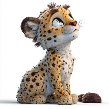 Cute cartoon cheetah, in the style of Disney, character design, sitting pose, white background, 3D rendering, full-body shot, Pixar animation, soft lighting, high resolution.