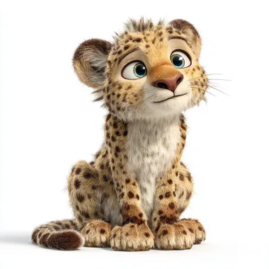 Cute cartoon cheetah, in the style of Disney, character design, sitting pose, white background, 3D rendering, full-body shot, Pixar animation, soft lighting, high resolution.
