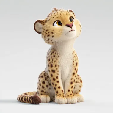 Cute cartoon cheetah, in the style of Disney, character design, sitting pose, white background, 3D rendering, full-body shot, Pixar animation, soft lighting, high resolution.
