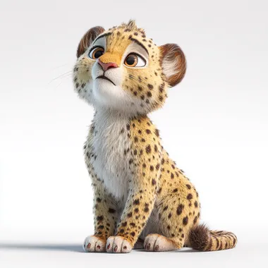 Cute cartoon cheetah, in the style of Disney, character design, sitting pose, white background, 3D rendering, full-body shot, Pixar animation, soft lighting, high resolution.