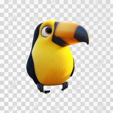 un tucan amarillo en caricatura parado sobre una rama, fondo blanco, sin sombra, estilo pixar
