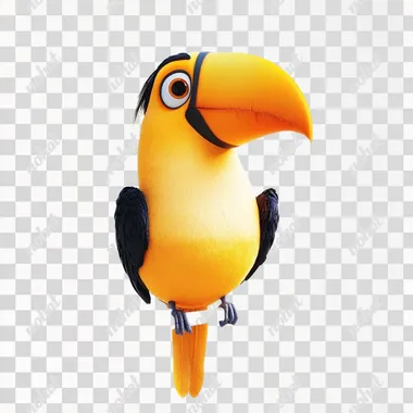 un tucan amarillo en caricatura parado sobre una rama, fondo blanco, sin sombra, estilo pixar