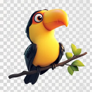 un tucan amarillo en caricatura parado sobre una rama, fondo blanco, sin sombra, estilo pixar