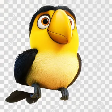 un tucan amarillo en caricatura parado sobre una rama, fondo blanco, sin sombra, estilo pixar