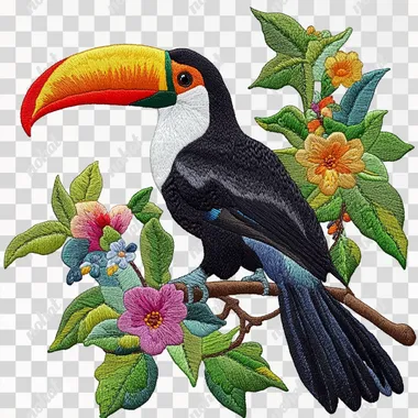 Toucan bird isolated on white background with embroidery pattern