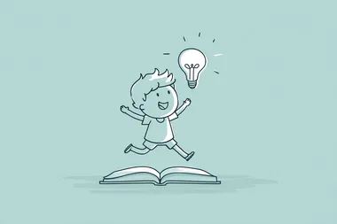 Vector, simple line art of a cartoon child jumping with excitement as a light bulb pops out of an open book, clean thin outlines with minimal curves and no fill, softly top-lit for clarity, isolated on pastel mint background , UHD image
