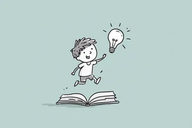 Vector, simple line art of a cartoon child jumping with excitement as a light bulb pops out of an open book, clean thin outlines with minimal curves and no fill, softly top-lit for clarity, isolated on pastel mint background , UHD image