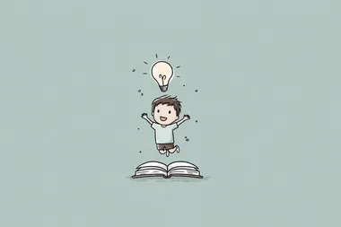 Vector, simple line art of a cartoon child jumping with excitement as a light bulb pops out of an open book, clean thin outlines with minimal curves and no fill, softly top-lit for clarity, isolated on pastel mint background , UHD image
