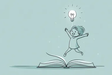 Vector, simple line art of a cartoon child jumping with excitement as a light bulb pops out of an open book, clean thin outlines with minimal curves and no fill, softly top-lit for clarity, isolated on pastel mint background , UHD image