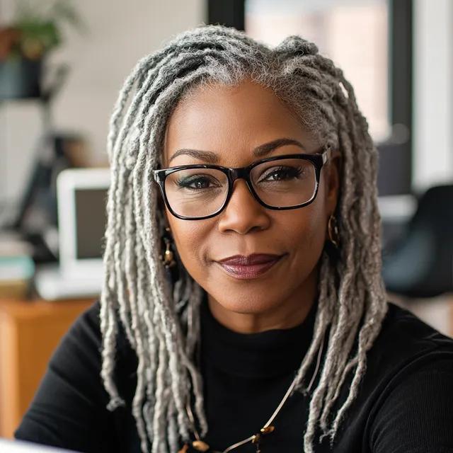 Middle-aged Black woman with silver dreadlocks working at her desk