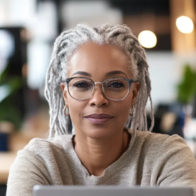 Middle-aged Black woman with glasses and silver dreads at home office