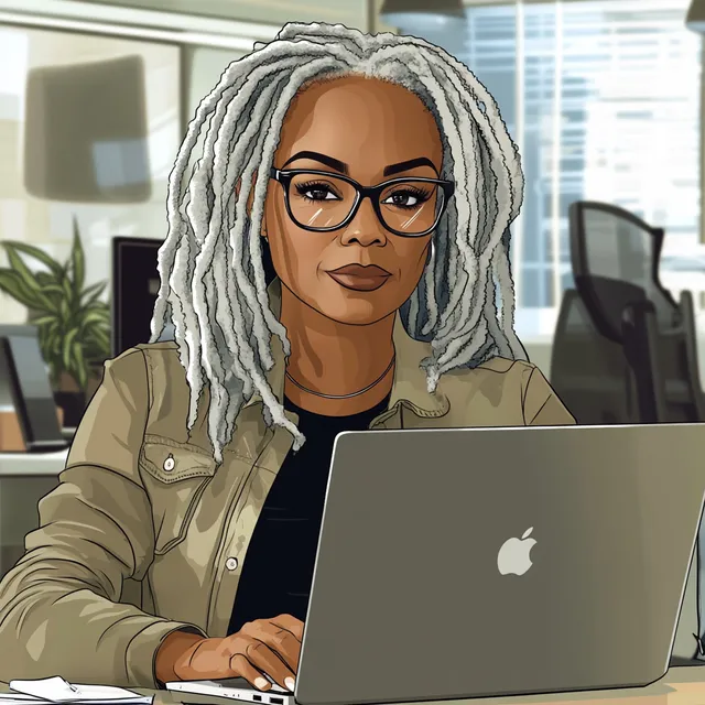 Middle-aged Black woman with glasses and silver dreads at home office laptop
