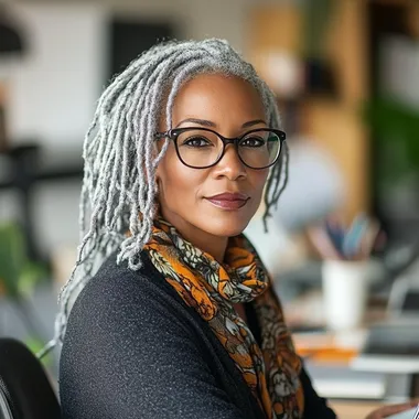 Create an avatar of a middle aged black woman wearing glasses and her hair in silver dreads, sitting in front of her laptop and office in the background