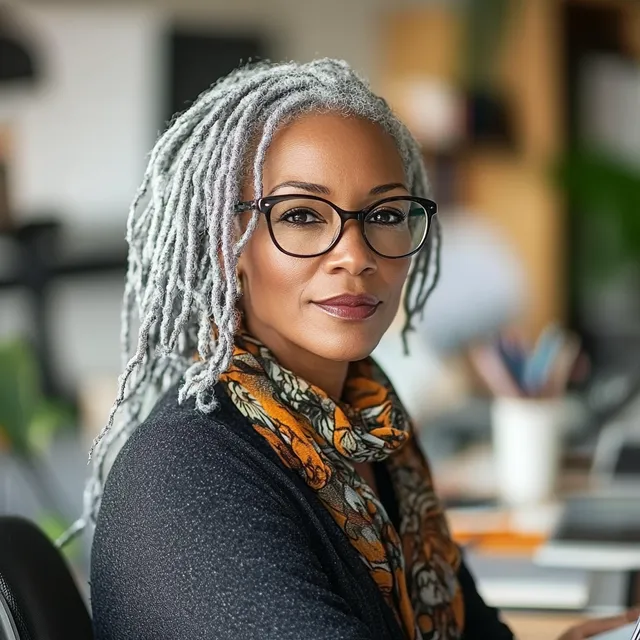Middle-aged black woman with silver dreads at desk with laptop in office