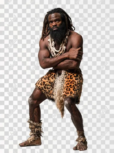 studio shot of A photograph of a black race thin caveman, with a long beard and long hair, wearing a primitive outfit made of animal fur with leopard and tiger patterns, and his expression is thinking and looking to side. full body. flexed legs. Dirty. foot. His clothing is necklace with bones, adding a touch of prehistoric authenticity. Studio background is white, volumetric lighting