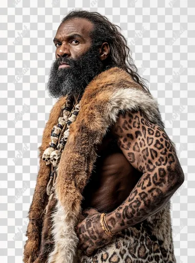studio shot of A photograph of a black race thin caveman, with a long beard and long hair, wearing a primitive outfit made of animal fur with leopard and tiger patterns, and his expression is thinking and looking to side. full body. flexed legs. Dirty. foot. His clothing is necklace with bones, adding a touch of prehistoric authenticity. Studio background is white, volumetric lighting