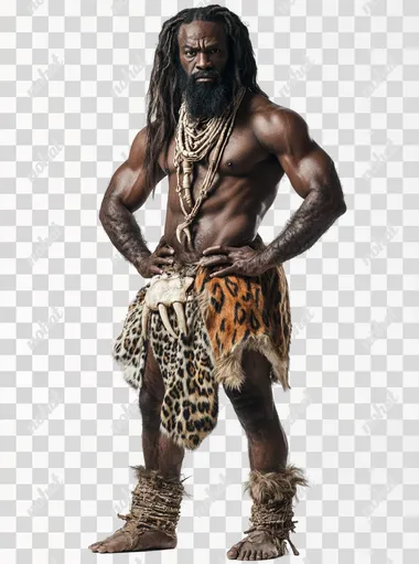studio shot of A photograph of a black race thin caveman, with a long beard and long hair, wearing a primitive outfit made of animal fur with leopard and tiger patterns, and his expression is thinking and looking to side. full body. flexed legs. Dirty. foot. His clothing is necklace with bones, adding a touch of prehistoric authenticity. Studio background is white, volumetric lighting