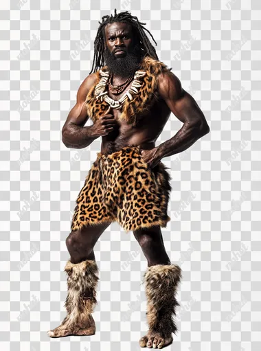 studio shot of A photograph of a black race thin caveman, with a long beard and long hair, wearing a primitive outfit made of animal fur with leopard and tiger patterns, and his expression is thinking and looking to side. full body. flexed legs. Dirty. foot. His clothing is necklace with bones, adding a touch of prehistoric authenticity. Studio background is white, volumetric lighting