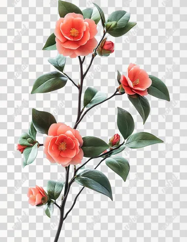 Create a realistic image of a camellia branch with few petals and abundant leaves against a white background. The flowers should be highlighted in vibrant colors, while the leaves are expressed in various shades of green, creating a lush appearance. The overall feel should be lively and natural, with details clearly visible. Octane Renderer