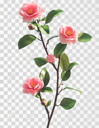 Create a realistic image of a camellia branch with few petals and abundant leaves against a white background. The flowers should be highlighted in vibrant colors, while the leaves are expressed in various shades of green, creating a lush appearance. The overall feel should be lively and natural, with details clearly visible. Octane Renderer