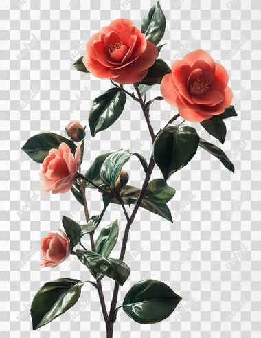 Create a realistic image of a camellia branch with few petals and abundant leaves against a white background. The flowers should be highlighted in vibrant colors, while the leaves are expressed in various shades of green, creating a lush appearance. The overall feel should be lively and natural, with details clearly visible. Octane Renderer