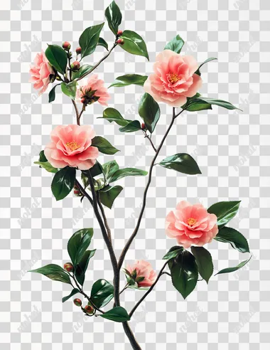 Create a realistic image of a camellia branch with few petals and abundant leaves against a white background. The flowers should be highlighted in vibrant colors, while the leaves are expressed in various shades of green, creating a lush appearance. The overall feel should be lively and natural, with details clearly visible. Octane Renderer