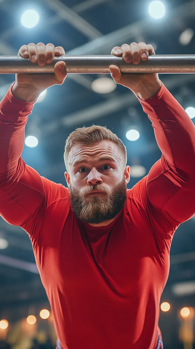Caucasian muscular athlete with beard doing pull-ups in gym setting