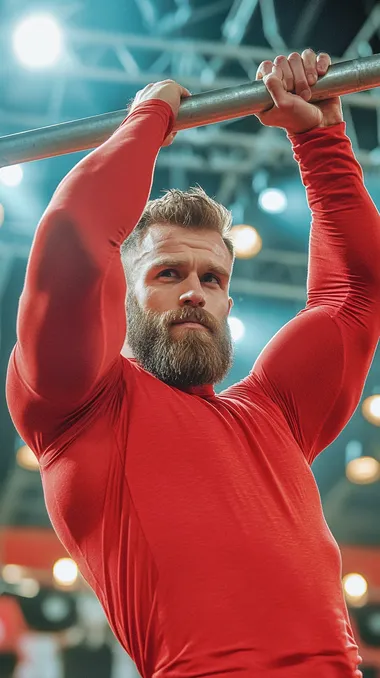 Front view, candid close-up of iPhone. Photo of iPhone, front view. Caucasian stocky muscular athlete with beard, wearing sporty red shapeless long sleeve shirt. Pulling himself up on horizontal bar. Epic angle, epic composition, sharpness. Bright spotlights and festive atmosphere in the background. Cinematic colors.  naked body, people