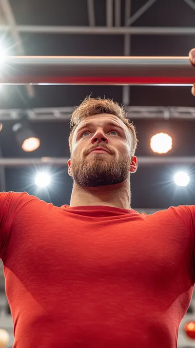 Front view, candid close-up of iPhone. Photo of iPhone, front view. Caucasian stocky muscular athlete with beard, wearing sporty red shapeless long sleeve shirt. Pulling himself up on horizontal bar. Epic angle, epic composition, sharpness. Bright spotlights and festive atmosphere in the background. Cinematic colors.  naked body, people