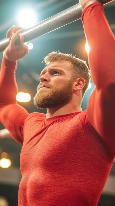 Front view, candid close-up of iPhone. Photo of iPhone, front view. Caucasian stocky muscular athlete with beard, wearing sporty red shapeless long sleeve shirt. Pulling himself up on horizontal bar. Epic angle, epic composition, sharpness. Bright spotlights and festive atmosphere in the background. Cinematic colors.  naked body, people