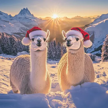 2 alpacas in the snow with santa hats on and snowy montains in the distance with a sunrise