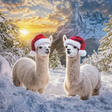 2 alpacas in the snow with santa hats on and snowy montains in the distance with a sunrise