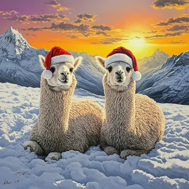 2 alpacas in the snow with santa hats on and snowy montains in the distance with a sunrise