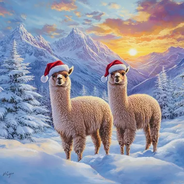 2 alpacas in the snow with santa hats on and snowy montains in the distance with a sunrise