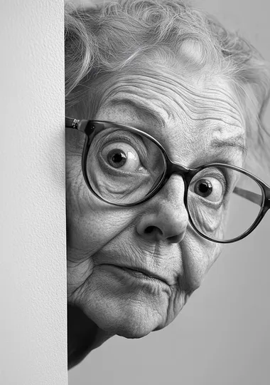 make a black and white photo from a funny old grandma with big glasses. She is looking around the corner off off a wall. Her facial expression looks like she is in love. She is holding her glasses . Hyper realistic, ultra sharp. best of quality. On a white background.