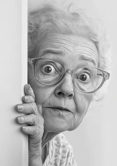 make a black and white photo from a funny old grandma with big glasses. She is looking around the corner off off a wall. Her facial expression looks like she is in love. She is holding her glasses . Hyper realistic, ultra sharp. best of quality. On a white background.