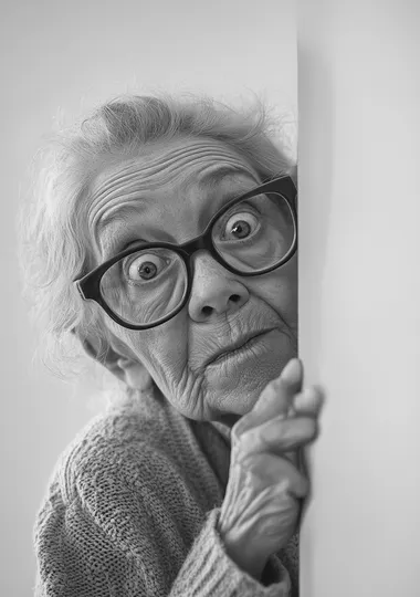make a black and white photo from a funny old grandma with big glasses. She is looking around the corner off off a wall. Her facial expression looks like she is in love. She is holding her glasses . Hyper realistic, ultra sharp. best of quality. On a white background.