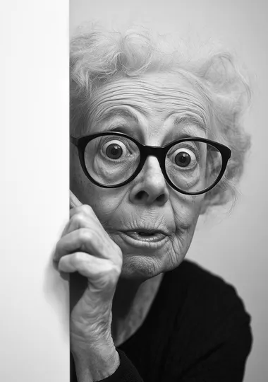 make a black and white photo from a funny old grandma with big glasses. She is looking around the corner off off a wall. Her facial expression looks like she is in love. She is holding her glasses . Hyper realistic, ultra sharp. best of quality. On a white background.