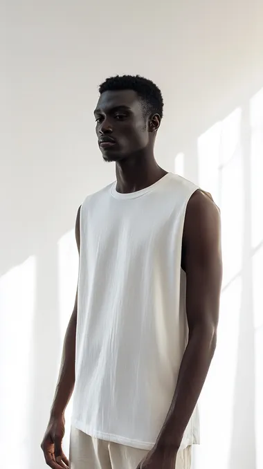 studio photography,blank sleeveless t-shirt product presentation foto, on a mulat man standing in a white room, the background is white, the man is wearing white oversized sleeveless t-shirt, loose fit, the man is 182cm and 65kg, fashion shot, shot on Kodak Ektar 100 with a Hasselblad H6D by Annie Leibovitz. The image captures simplicity and confidence with even, diffused lightning and clean, bright colors.