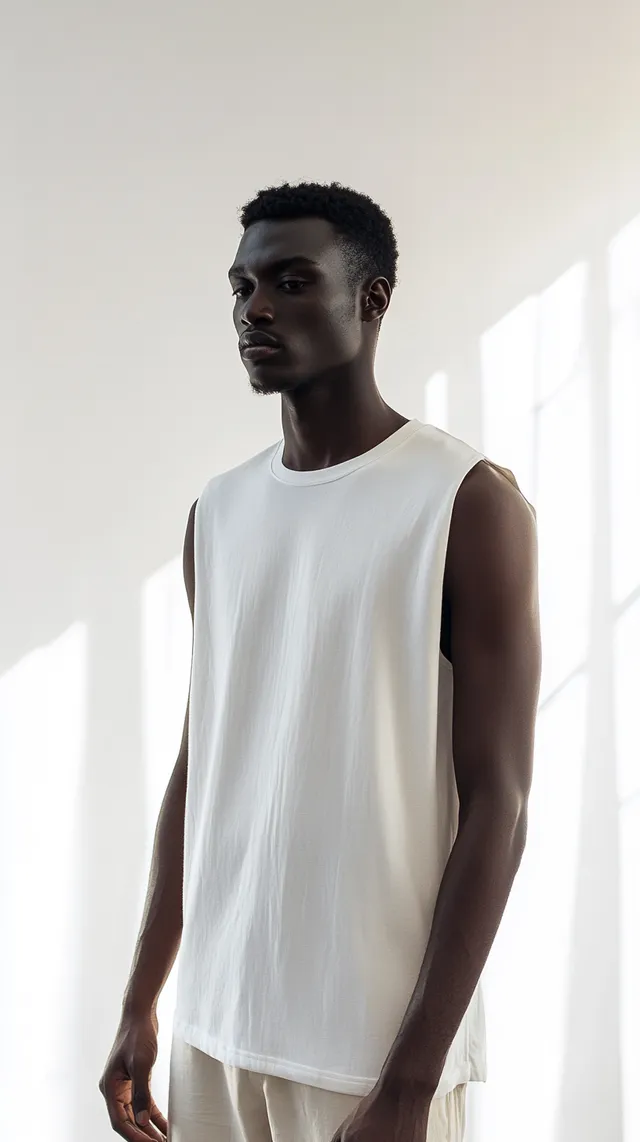 Mulat man in oversized sleeveless t-shirt in bright white studio