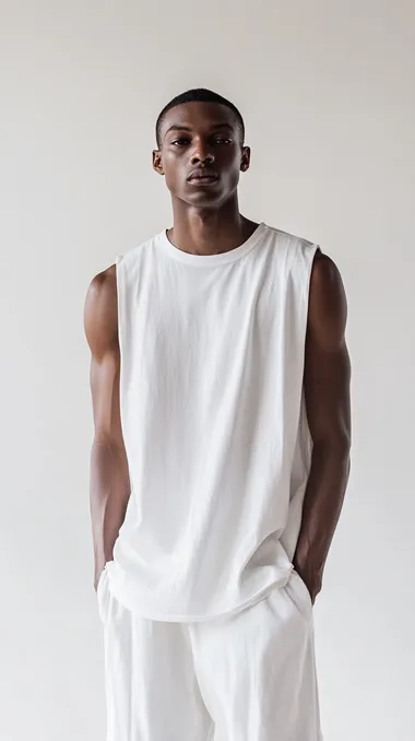 studio photography,blank sleeveless t-shirt product presentation foto, on a mulat man standing in a white room, the background is white, the man is wearing white oversized sleeveless t-shirt, loose fit, the man is 182cm and 65kg, fashion shot, shot on Kodak Ektar 100 with a Hasselblad H6D by Annie Leibovitz. The image captures simplicity and confidence with even, diffused lightning and clean, bright colors.