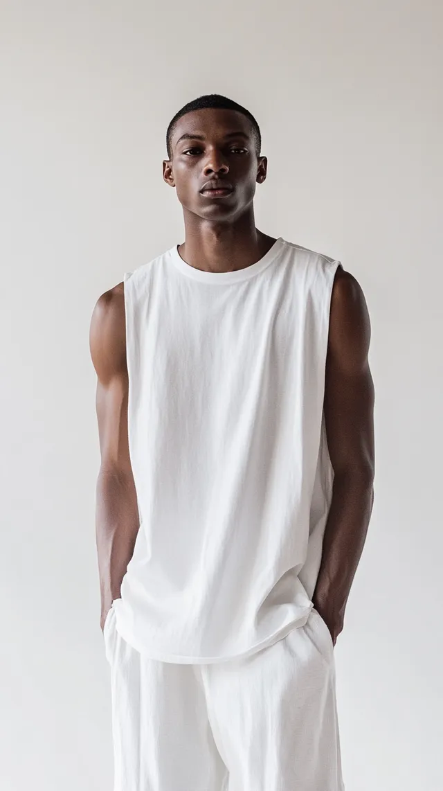 Mulat man in oversized white tank top poses in bright studio setting