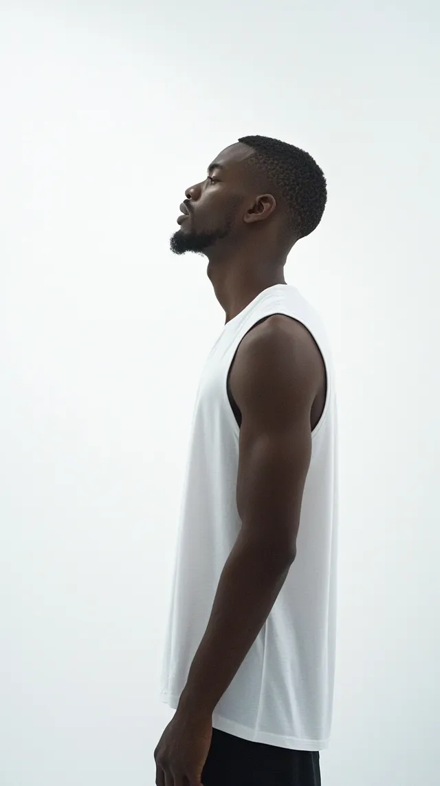 Mulatto man in white oversized tank top and black shorts in studio