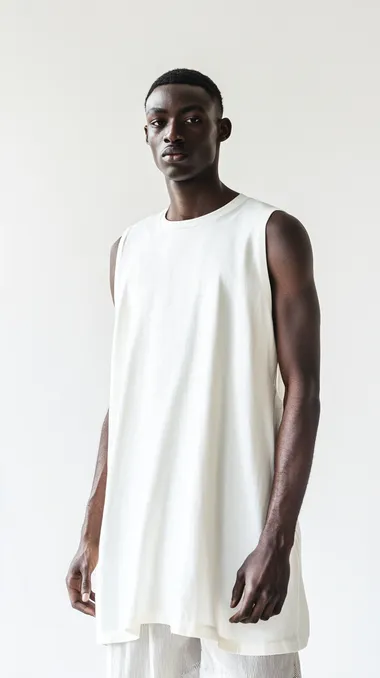 studio photography,blank sleeveless t-shirt product presentation foto, on a mulat man standing in a white room, the background is white, the man is wearing white oversized sleeveless t-shirt, loose fit, the man is 182cm and 65kg, fashion shot, shot on Kodak Ektar 100 with a Hasselblad H6D by Annie Leibovitz. The image captures simplicity and confidence with even, diffused lightning and clean, bright colors.
