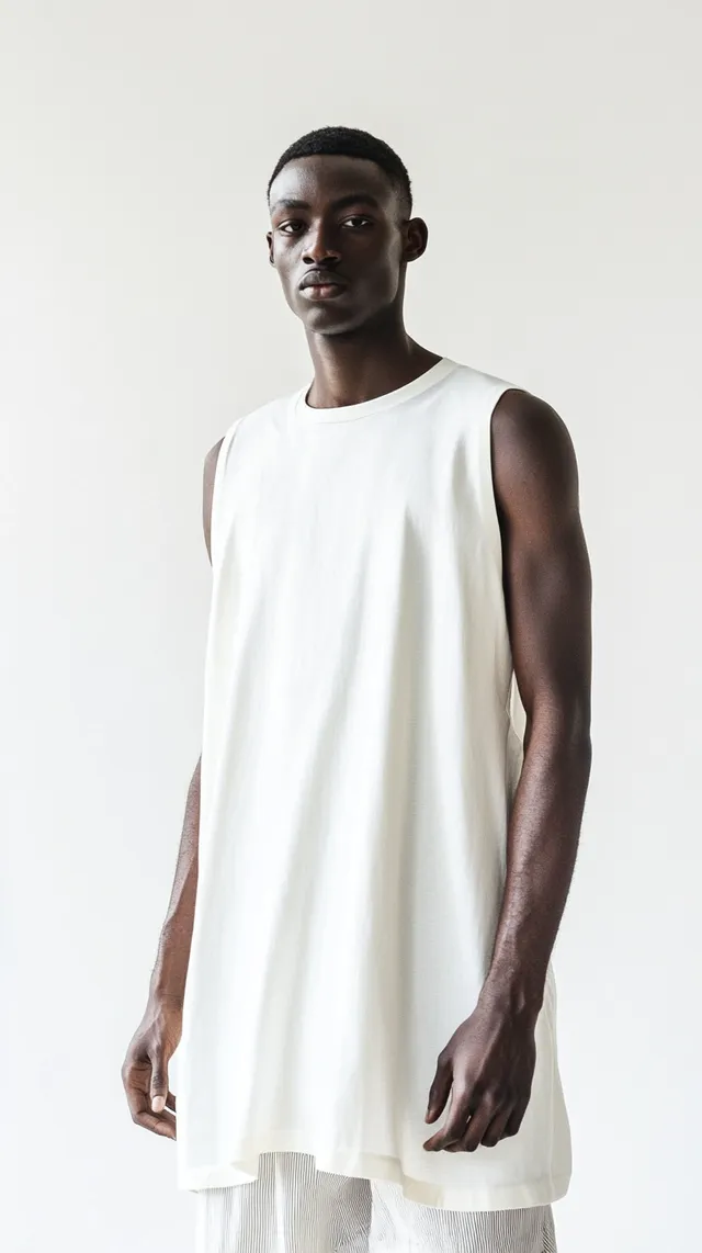 Mulat man in oversized white shirt and pants in a bright studio
