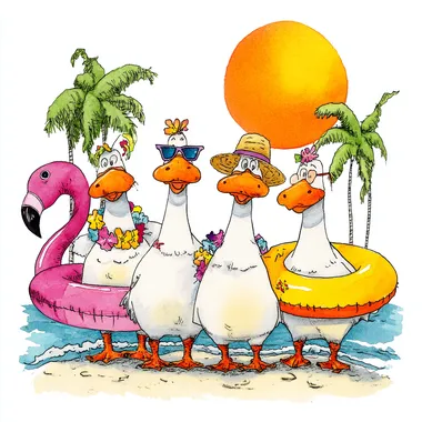 A group of four cute cartoon geese standing side by side on a tropical beach. Each goose is wearing summer-themed accessories like sunglasses, sun hats, flower leis, or inflatable pool floats shaped like flamingos or ducks. There are palm trees in the background, with a bright sun in the sky. The geese are standing on sand. The background is white. No text or writing in the image.