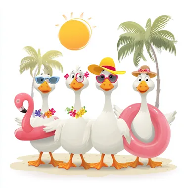 A group of four cute cartoon geese standing side by side on a tropical beach. Each goose is wearing summer-themed accessories like sunglasses, sun hats, flower leis, or inflatable pool floats shaped like flamingos or ducks. There are palm trees in the background, with a bright sun in the sky. The geese are standing on sand. The background is white. No text or writing in the image.