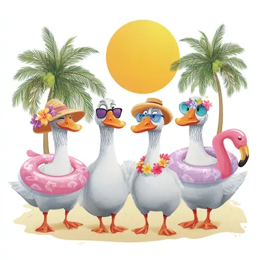 A group of four cute cartoon geese standing side by side on a tropical beach. Each goose is wearing summer-themed accessories like sunglasses, sun hats, flower leis, or inflatable pool floats shaped like flamingos or ducks. There are palm trees in the background, with a bright sun in the sky. The geese are standing on sand. The background is white. No text or writing in the image.