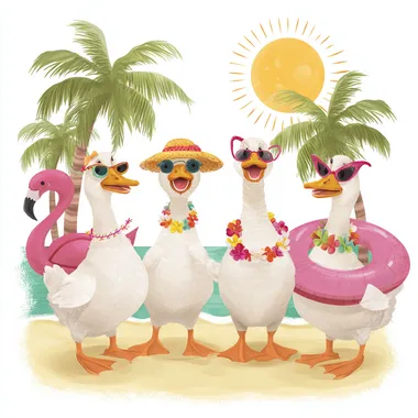 A group of four cute cartoon geese standing side by side on a tropical beach. Each goose is wearing summer-themed accessories like sunglasses, sun hats, flower leis, or inflatable pool floats shaped like flamingos or ducks. There are palm trees in the background, with a bright sun in the sky. The geese are standing on sand. The background is white. No text or writing in the image.